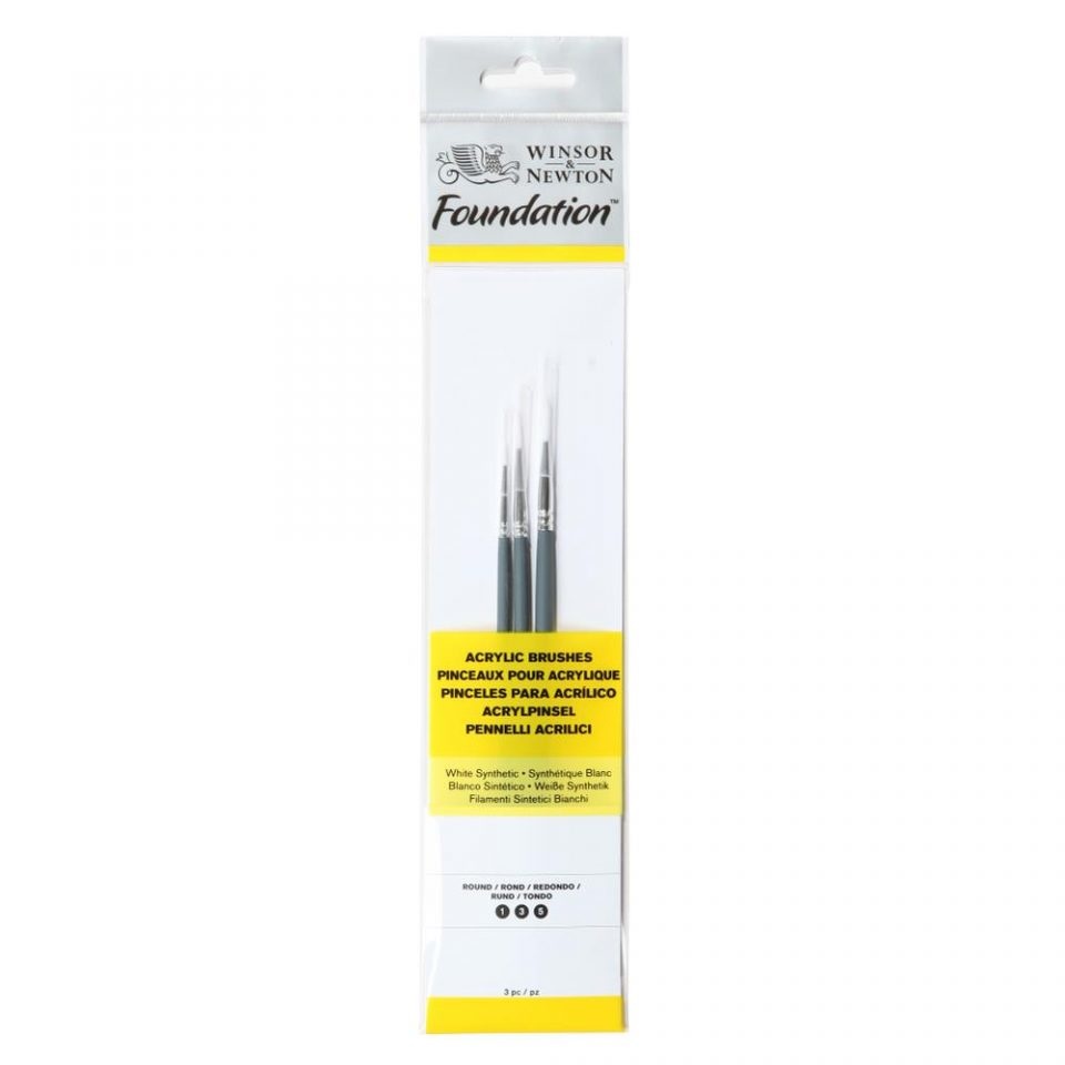 Winsor & Newton Set di 3 Pennelli Foundation - Tondo n°2, Piatto n°2, Filbert n°4 - Manico Corto - Sintetici Bianchi