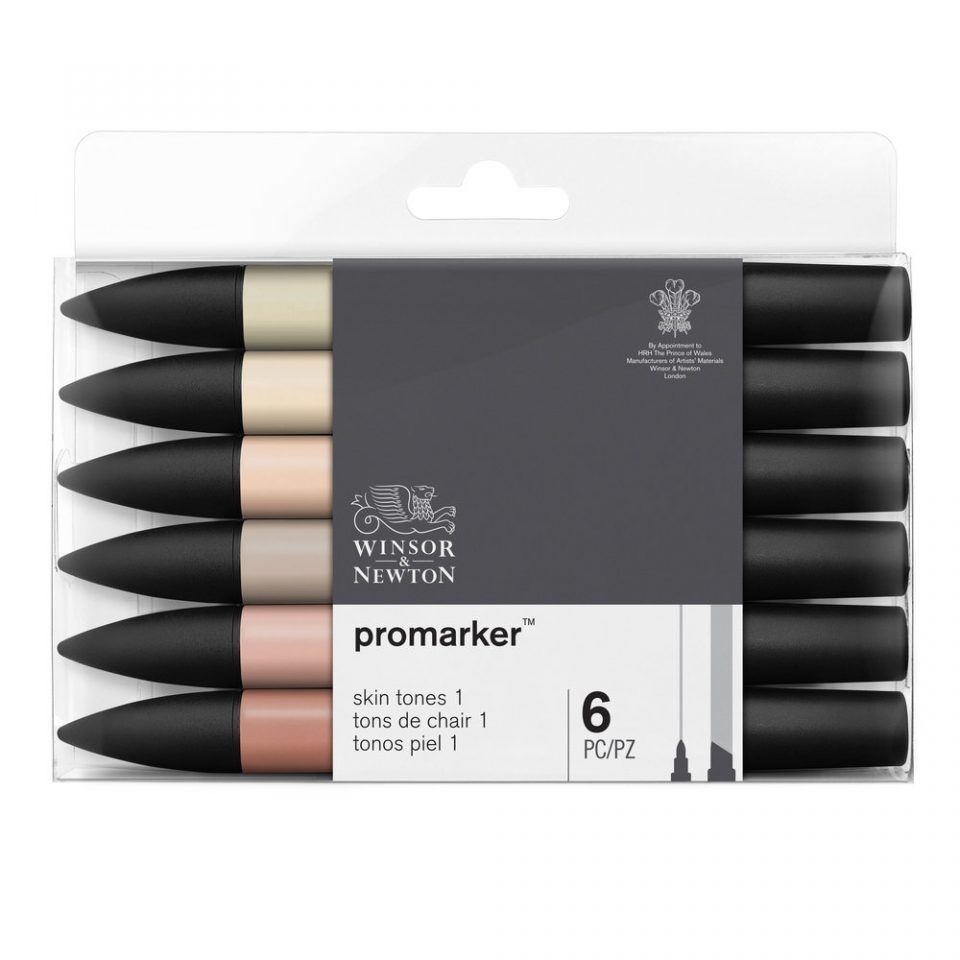 Winsor & Newton Set 6 Pennarelli Promarker Doppia Punta Fine e Scalpello - Toni Carne (Ivory, Almond, Satin, Putty, Coral, Peach)