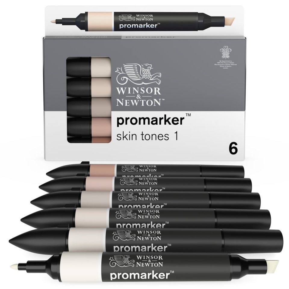 Winsor & Newton Set 6 Pennarelli Promarker Doppia Punta Fine e Scalpello - Toni Carne (Ivory, Almond, Satin, Putty, Coral, Peach)