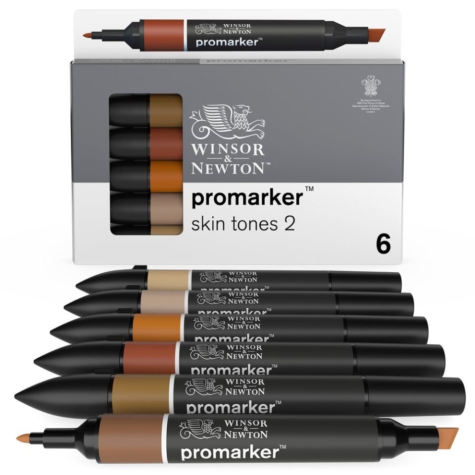 Winsor & Newton Pennarelli Promarker Doppia Punta Fine-Larga - Set 6 pz Toni Carne Scuro