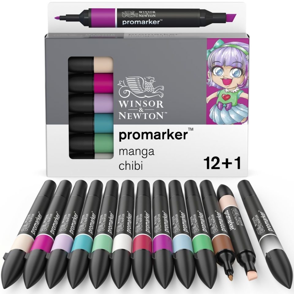 Winsor & Newton Pennarelli Doppia Punta Promarker Manga Chibi - 12 Colori Assortiti, Inchiostro Non Tossico