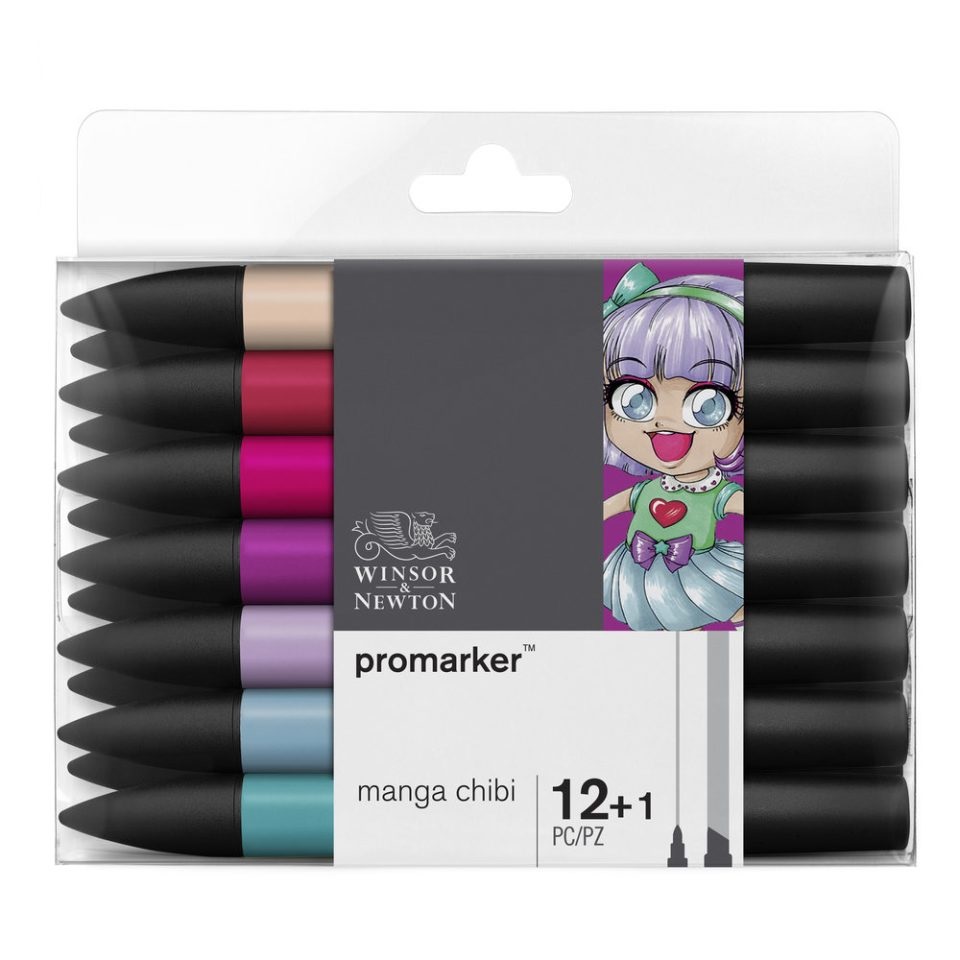 Winsor & Newton Pennarelli Doppia Punta Promarker Manga Chibi - 12 Colori Assortiti, Inchiostro Non Tossico