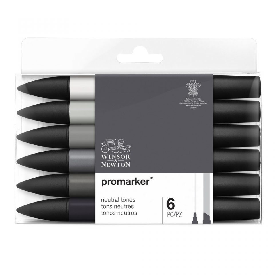 Winsor & Newton ProMarker - 6 Pennarelli a Doppia Punta Toni Neutri con Inchiostro Non Tossico