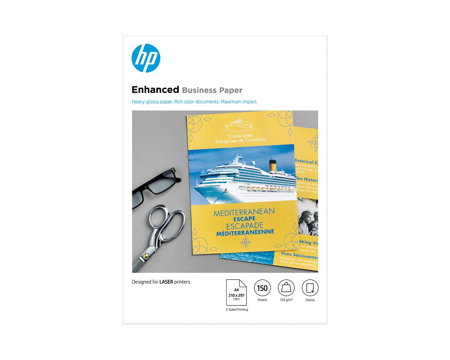 HP Carta Professionale Lucida A4 - 150 g/m² - Confezione da 150 Fogli per Stampe Laser - CG965A