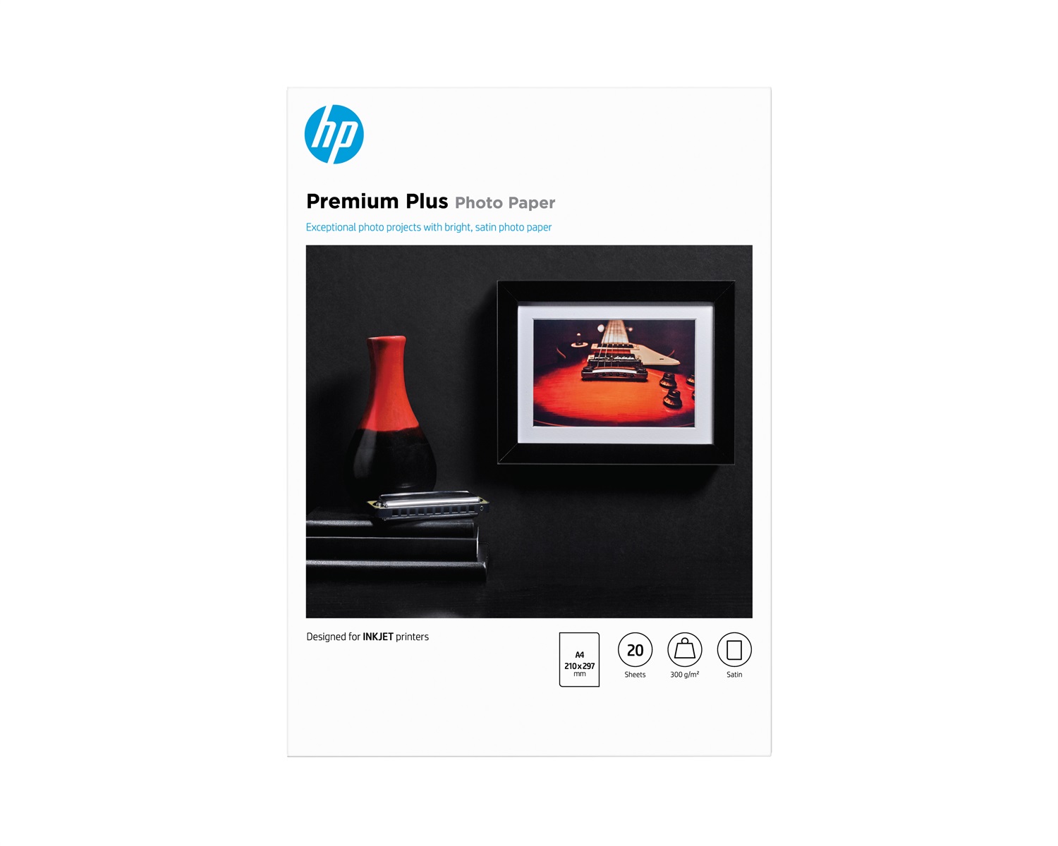 HP Carta Fotografica Satinata Premium Plus, 300 g/m², A4 (210 x 297 mm), 20 Fogli, Semi Lucida, Certificata FSC®