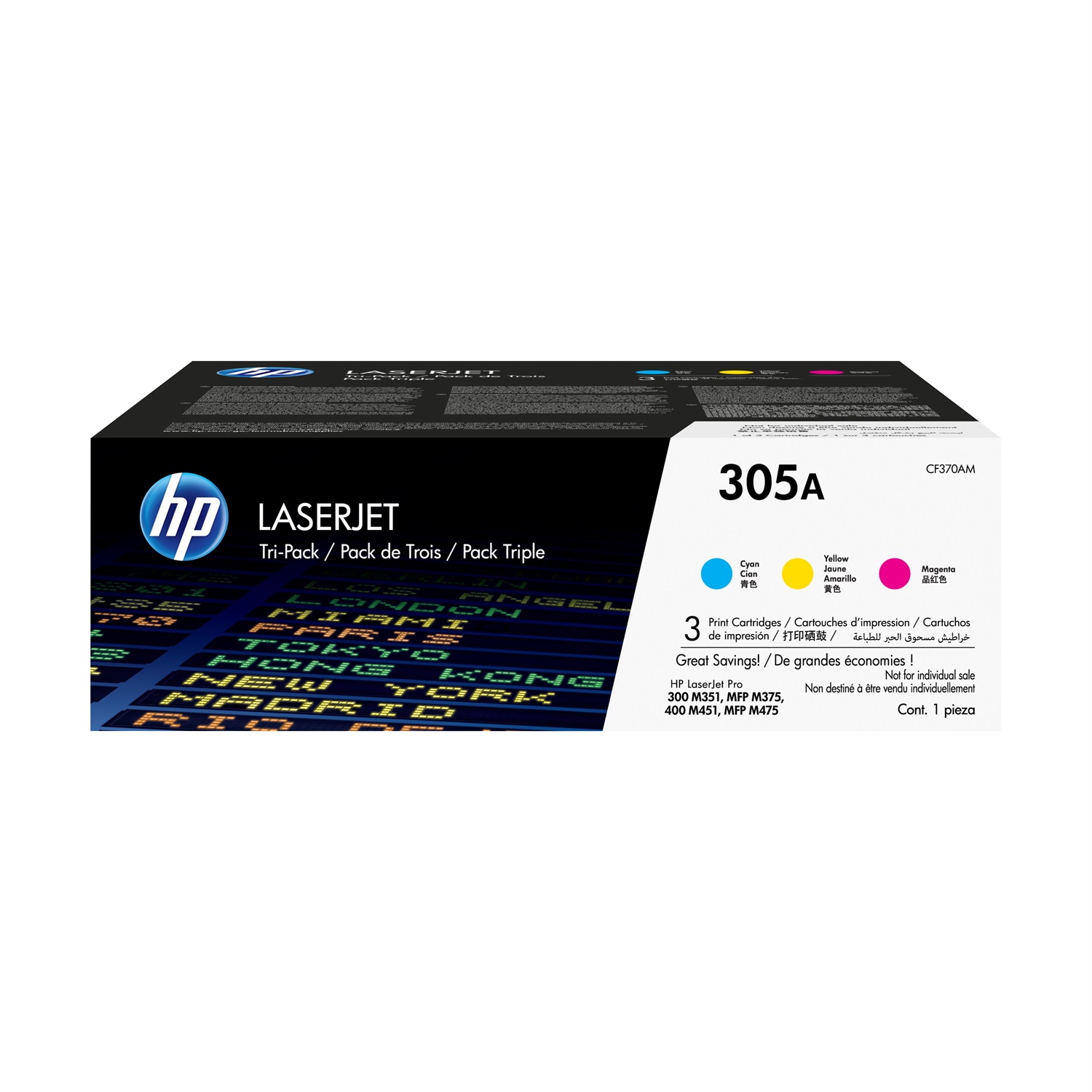 HP Confezione da 3 cartucce originali di toner Ciano, Magenta, Giallo LaserJet 305A - CF370AM, 2600 pagine