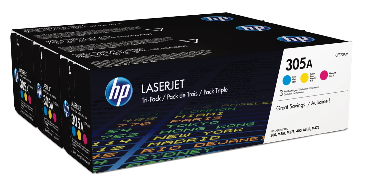 HP Confezione da 3 cartucce originali di toner Ciano, Magenta, Giallo LaserJet 305A - CF370AM, 2600 pagine