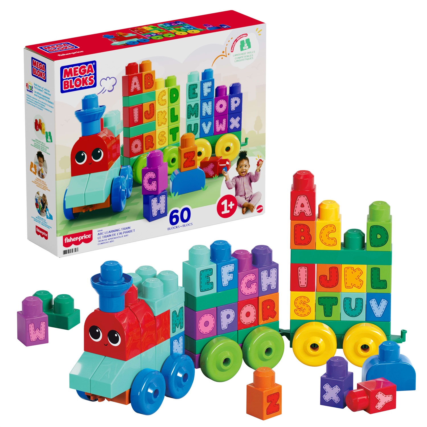 MEGA Bloks DXH35 - Gioco di Costruzione Impara con il Treno, Trenino Facile da Costruire per Bambini 1 Anni, Playset da 20 Pezzi con Blocchi per Imparare l'Alfabeto