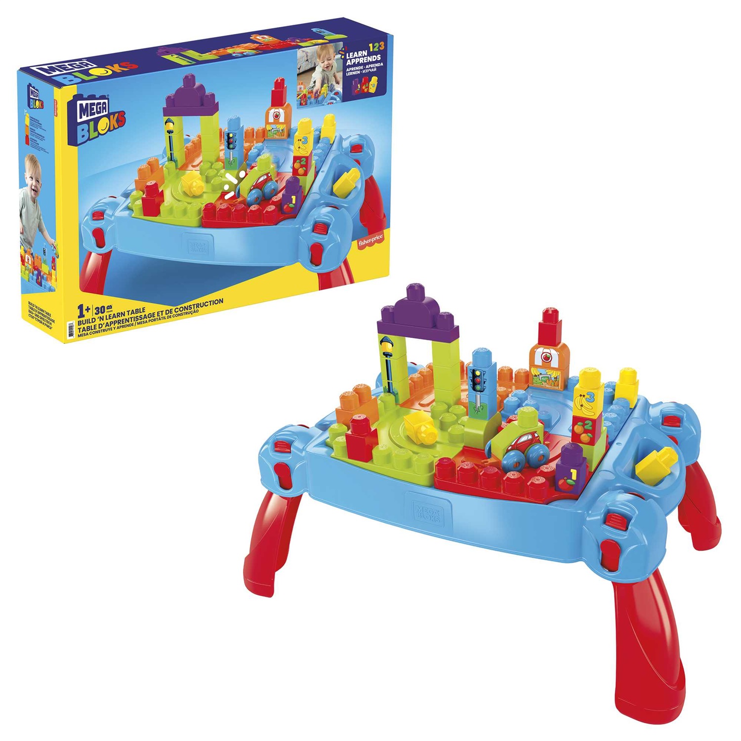 FISHER PRICE MEGA Bloks Tavolino Multiattività 30 Pezzi Blu e Rosso - Giocattolo per Bambini 1 Anni