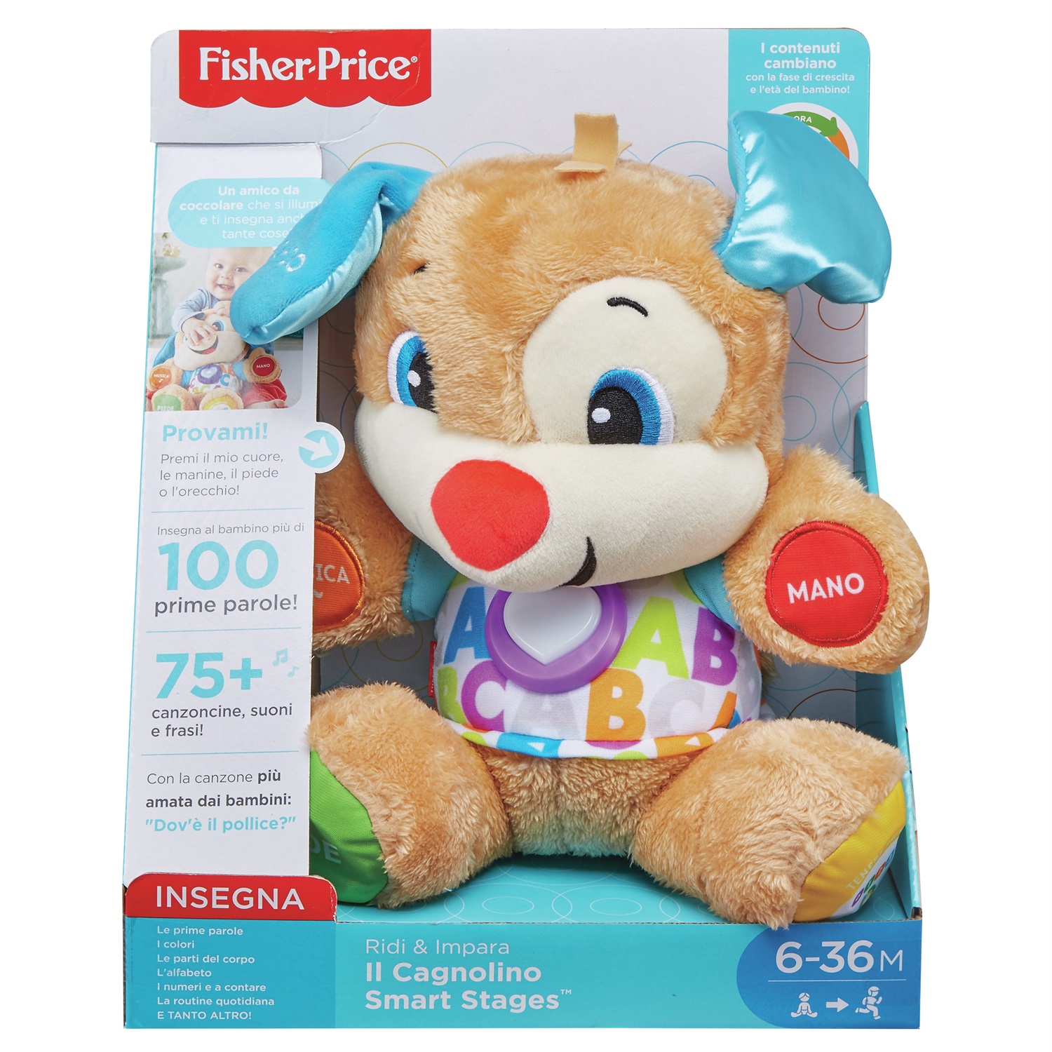 Fisher Price Cagnolino Smart Stages Ridi & Impara - Peluche Educativo con 75 Canzoni e 5 Punti Interattivi per Bambini da 6 a 36 Mesi