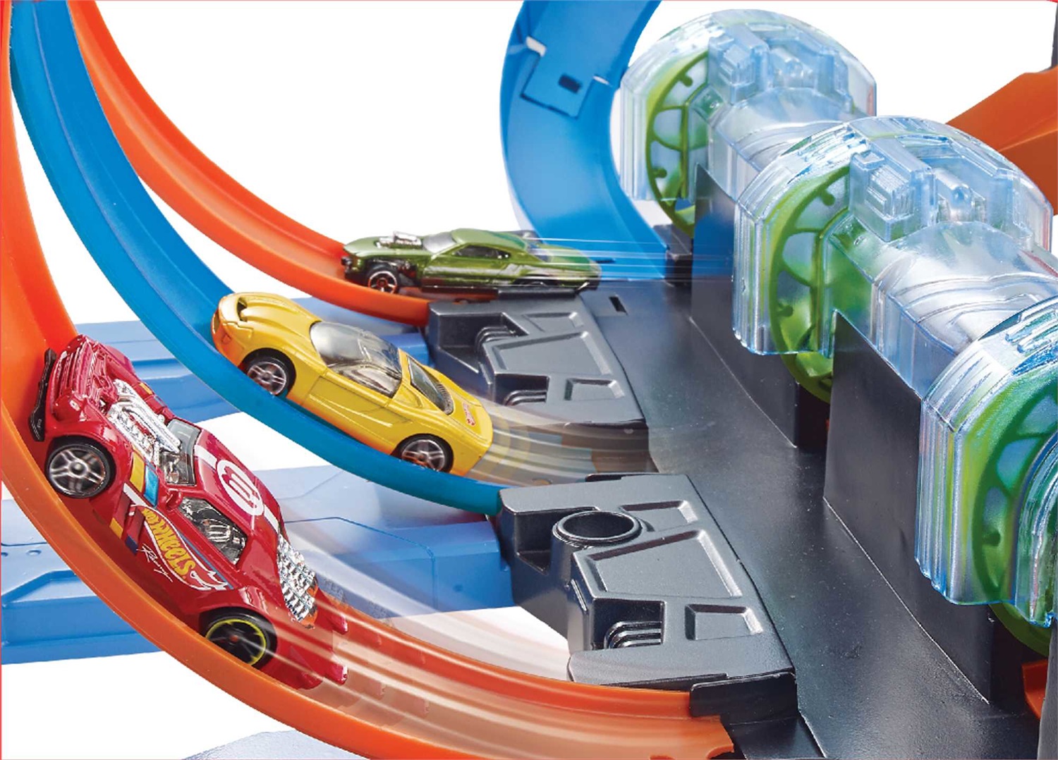 Hot Wheels Pista FTB65 Schianti Rotanti con Propulsori Motorizzati - Mega pista a cavatappi con 3 loop e 3 zone di scontro, Giocattolo per Bambini 5 Anni