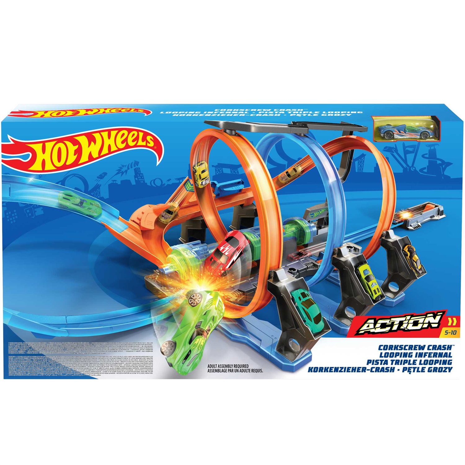 Hot Wheels Pista FTB65 Schianti Rotanti con Propulsori Motorizzati - Mega pista a cavatappi con 3 loop e 3 zone di scontro, Giocattolo per Bambini 5 Anni