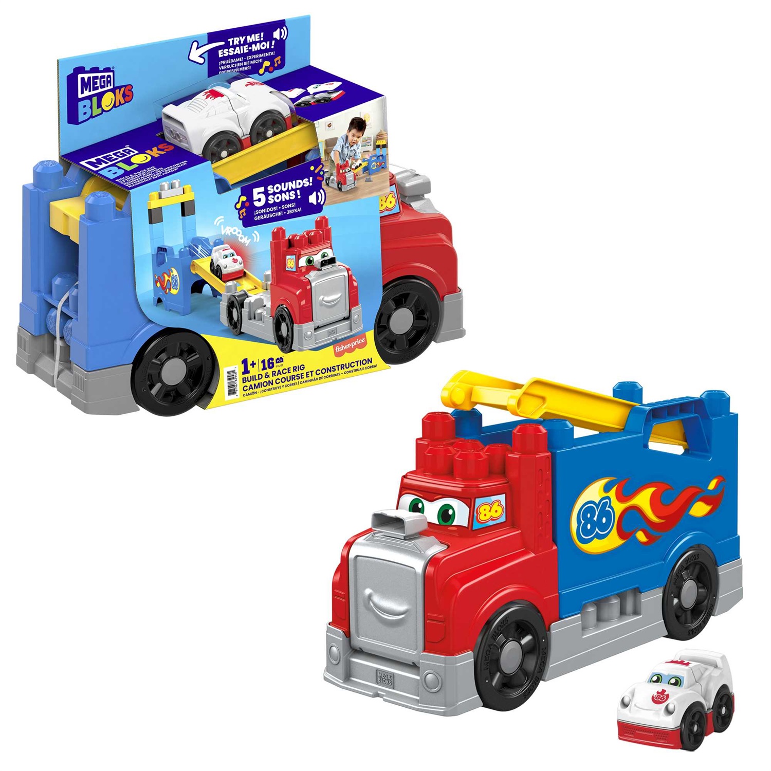 MEGA Bloks FVJ01 Autotreno Monta e Sfreccia con Blocchi per Costruire, Suoni Realistici e Pista da Corsa - Giocattolo per Bambini 1 Anni