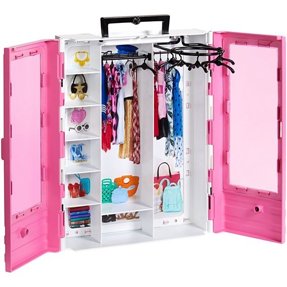 Barbie Armadio da Sogno Fashionistas Rosa Trasportabile con Accessori Trendy e Sei Appendini - Giocattolo per Bambini 3 Anni