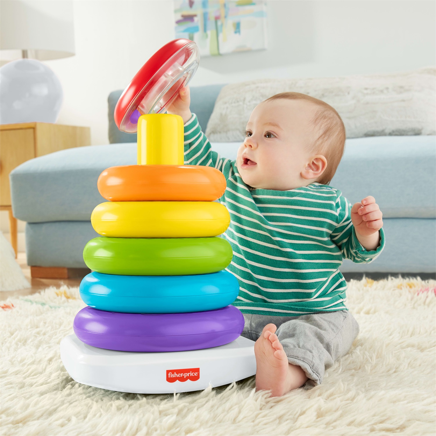 Fisher-Price Piramide Gigante 5 Anelli - Giocattolo Impilabile per Bambini 12 Mesi, Altezza 36 cm, Anelli Colorati e Base Oscillante