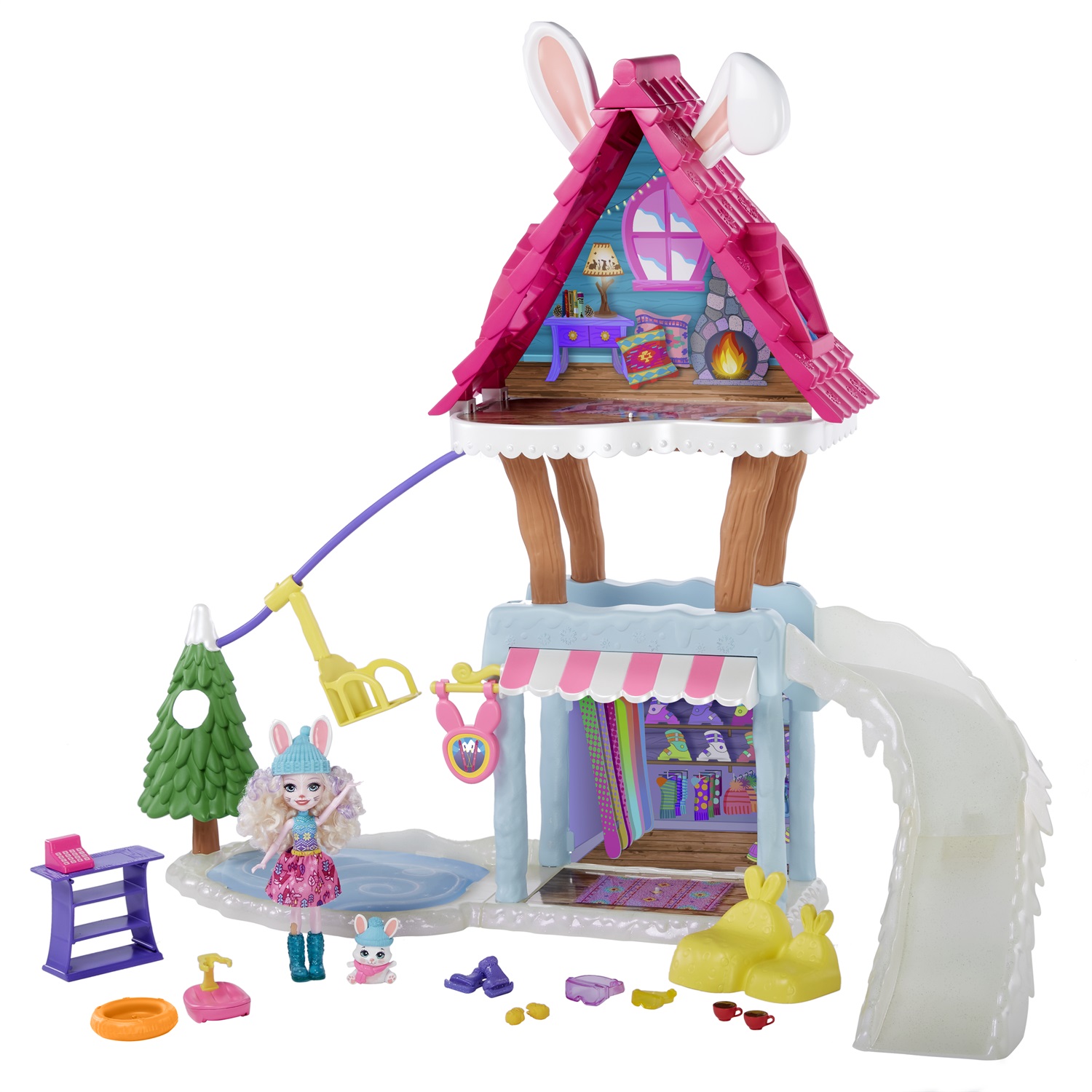 Enchantimals Chalet delle Nevi con Bevy Coniglio - Casa per le Bambole con 5 Spazi di Gioco e 15 Accessori