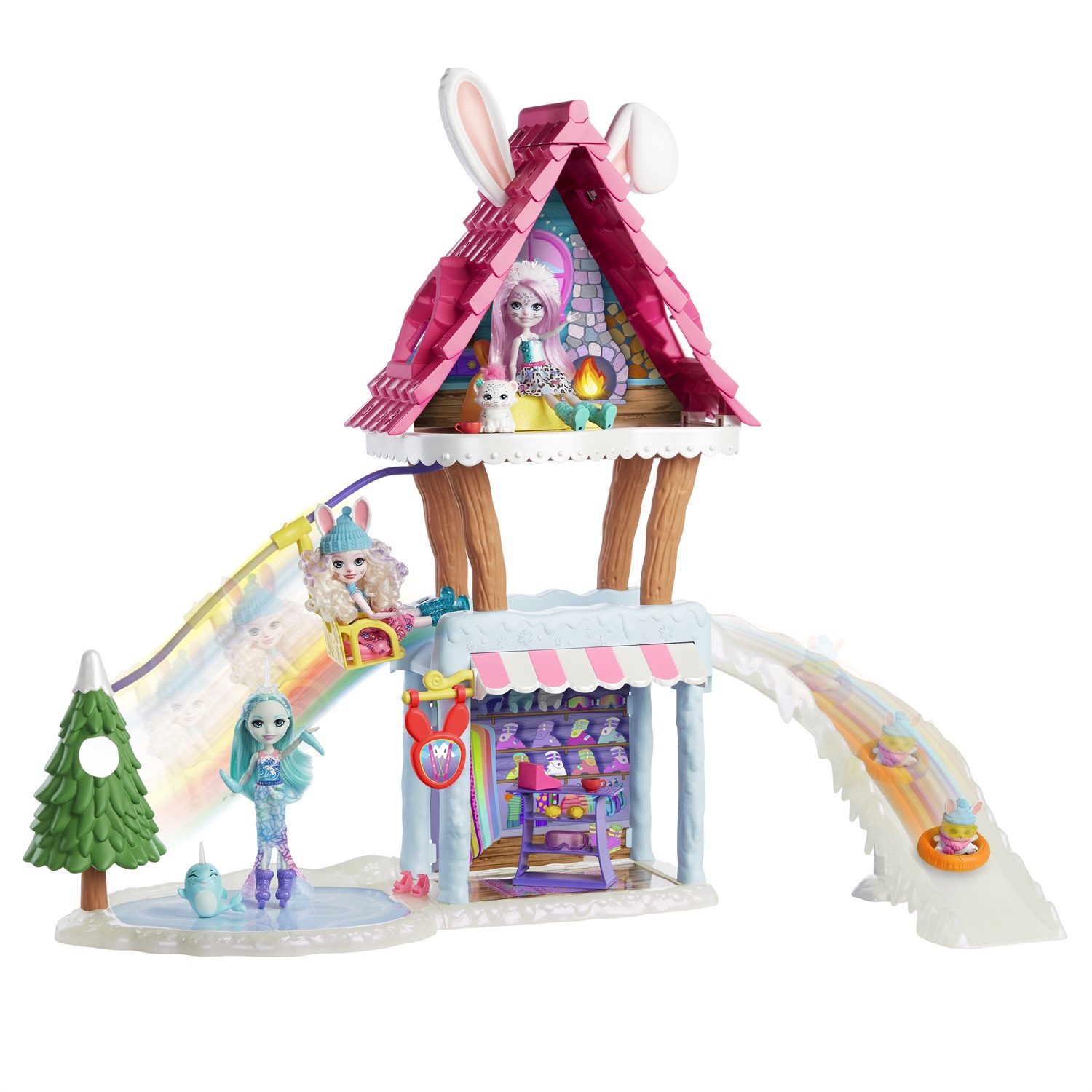 Enchantimals Chalet delle Nevi con Bevy Coniglio - Casa per le Bambole con 5 Spazi di Gioco e 15 Accessori
