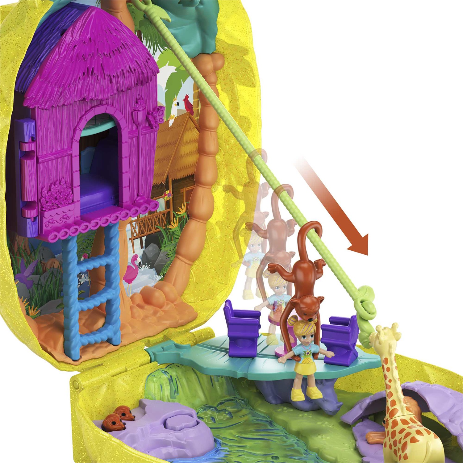 Polly Pocket Tropicool Ananas - Borsetta da gioco compatta con 8 sorprese, 2 micro bambole e accessori, giallo, GKJ64