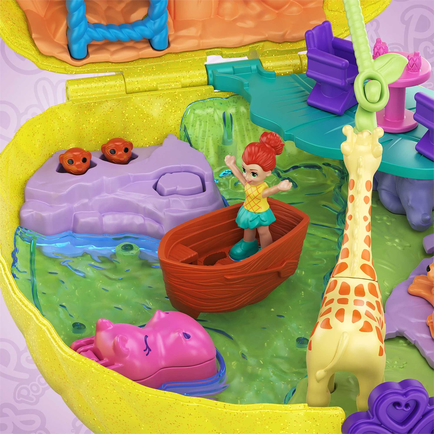 Polly Pocket Tropicool Ananas - Borsetta da gioco compatta con 8 sorprese, 2 micro bambole e accessori, giallo, GKJ64