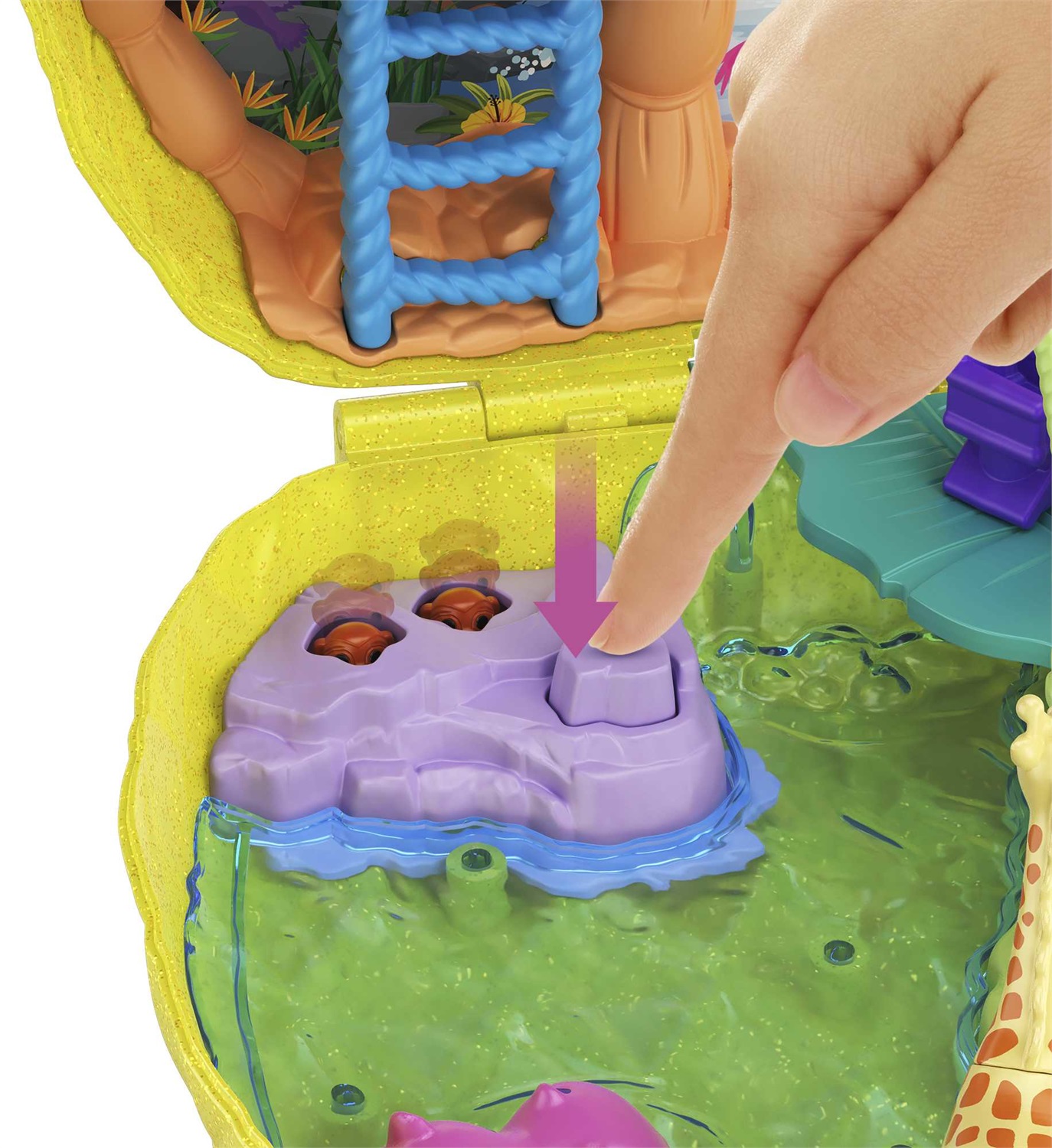 Polly Pocket Tropicool Ananas - Borsetta da gioco compatta con 8 sorprese, 2 micro bambole e accessori, giallo, GKJ64