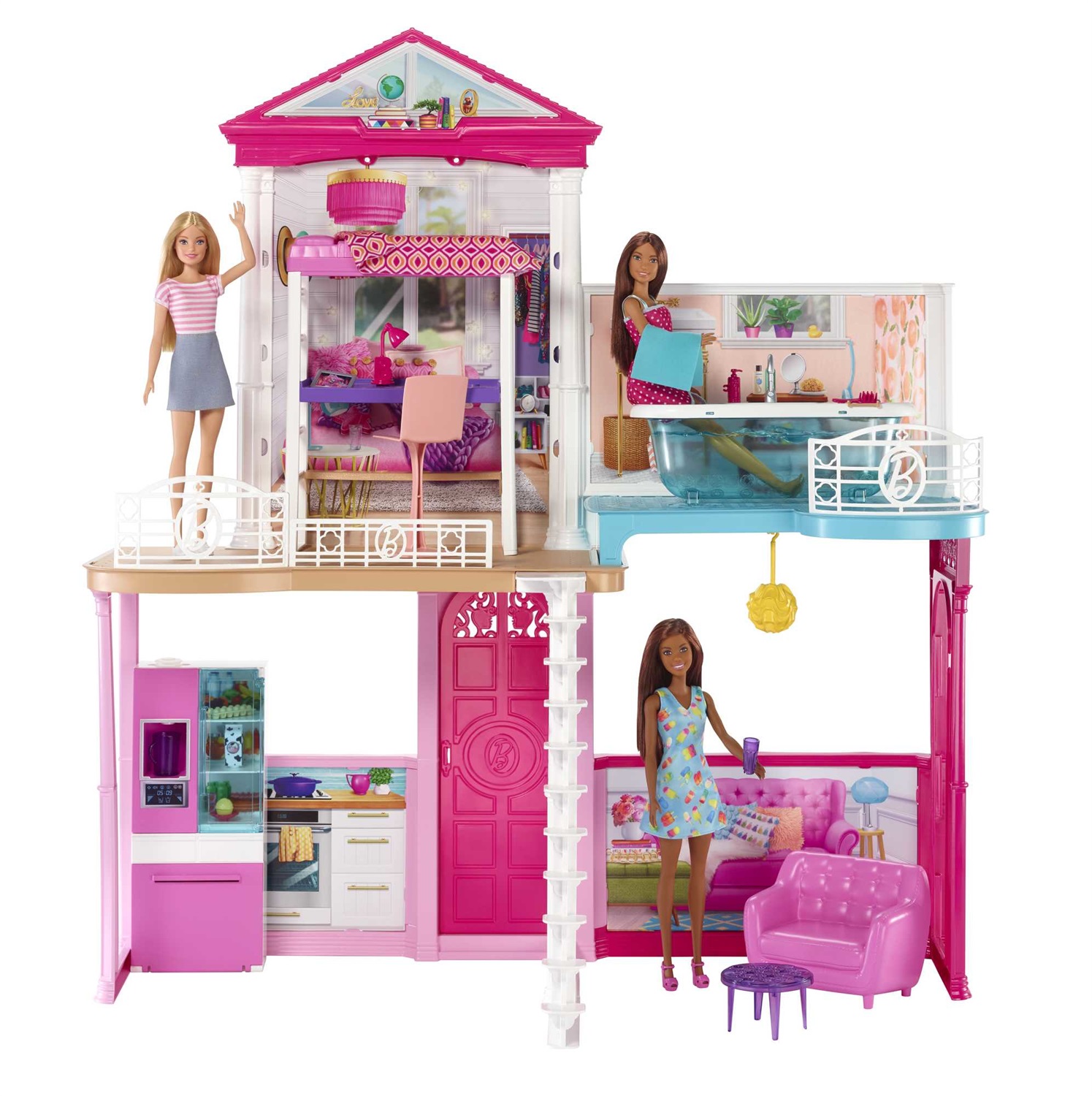 Mattel GLH56 Barbie Casa delle Bambole con 3 Bambole, Piscina e Accessori