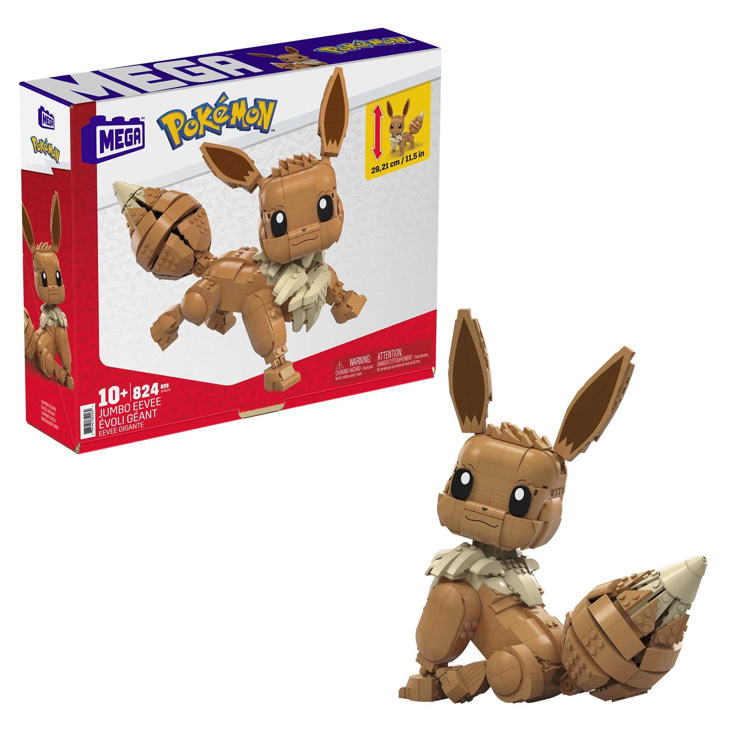MEGA Pokémon - Eevee Gigante, set di costruzione da 824 pezzi, personaggio alto 28 cm con coda e orecchie articolate, giocattolo per bambini dai 10 anni in su, GMD34
