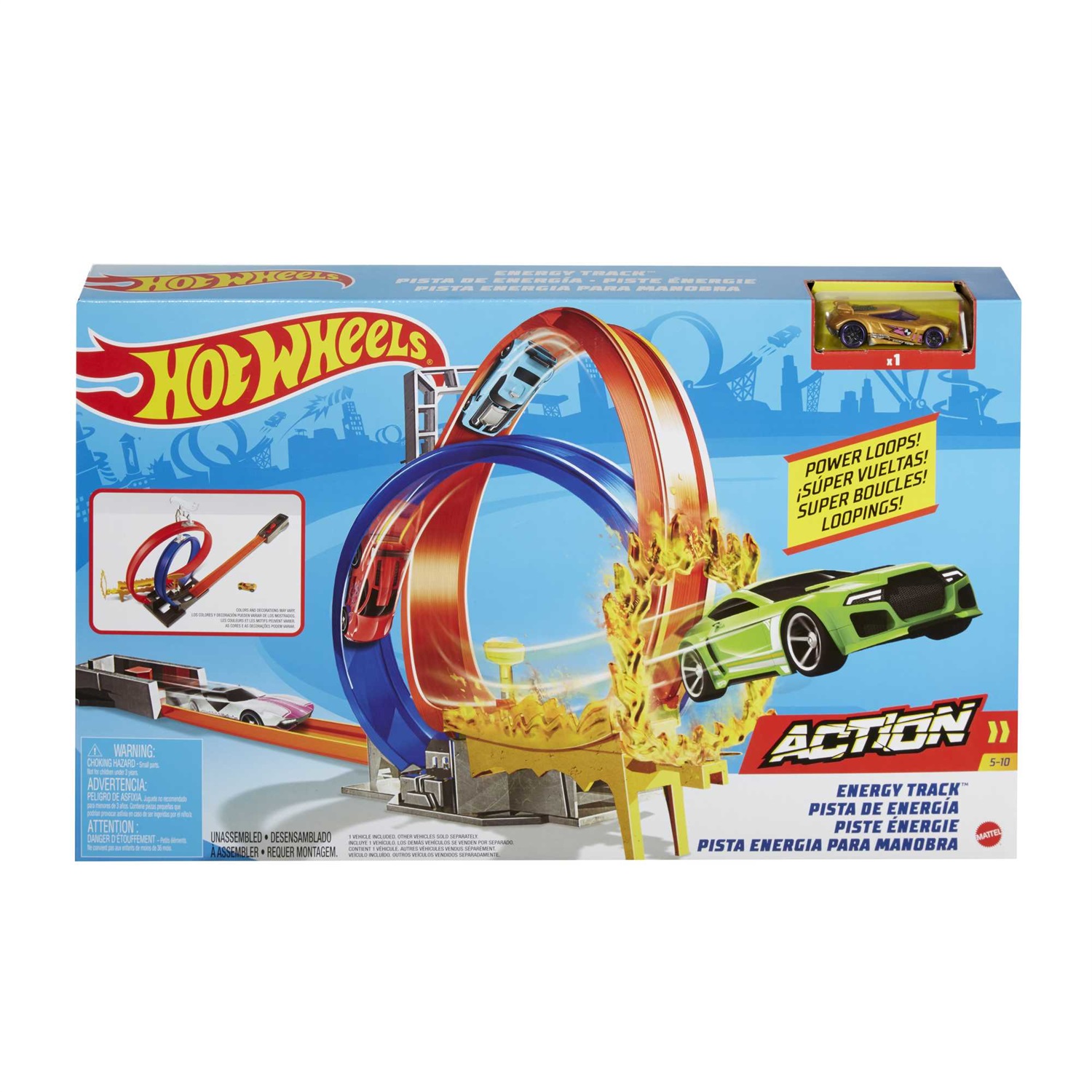 Hot Wheels GND92 Pista da Costruire con Doppio Giro della Morte e Anello di Fuoco, Giocattolo per Bambini 4 Anni
