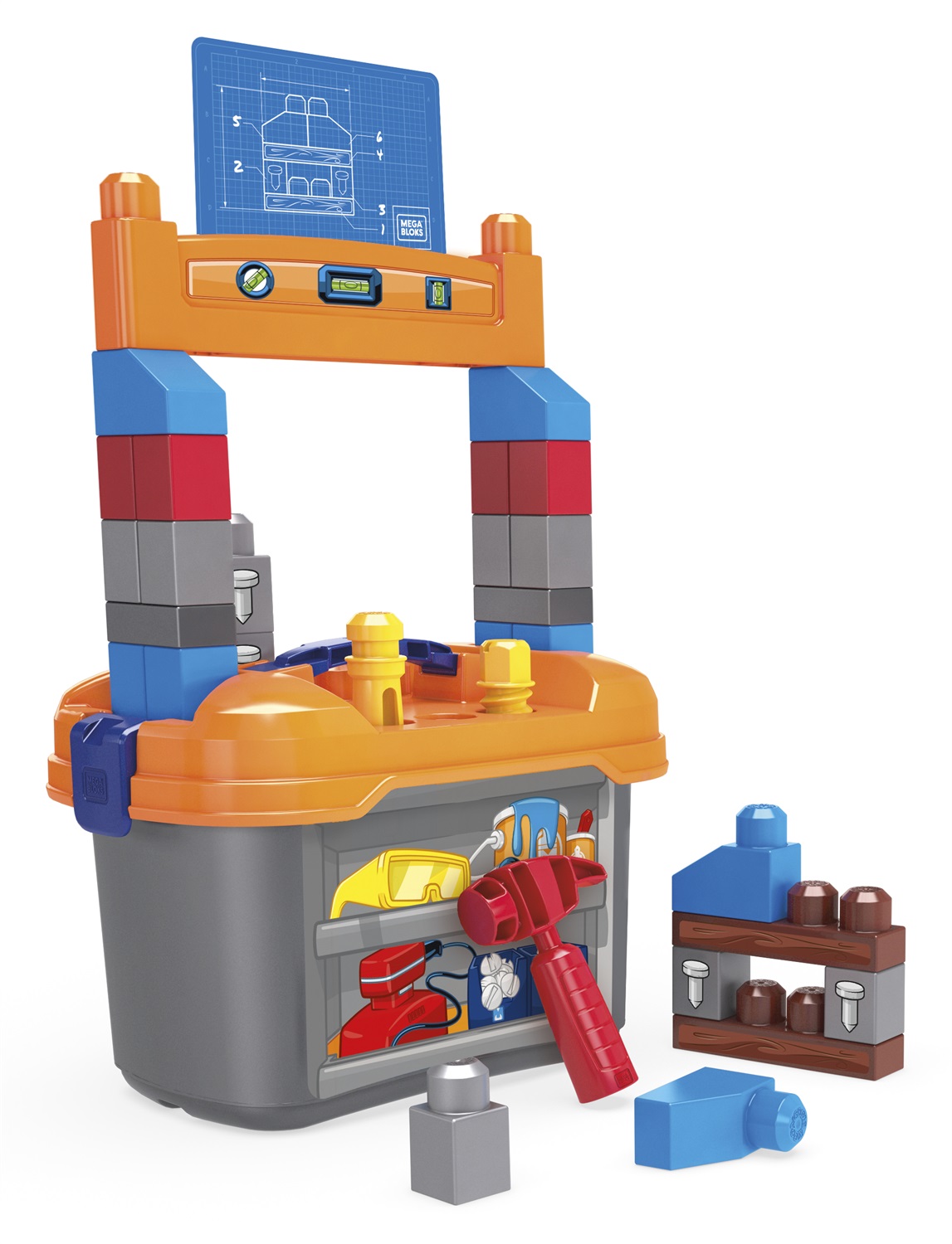 Mega Bloks Lil' Building Workbench - Banco da Lavoro con 36 Pezzi per Bambini 2 anni , Include Blocchi, Martello e Cacciavite
