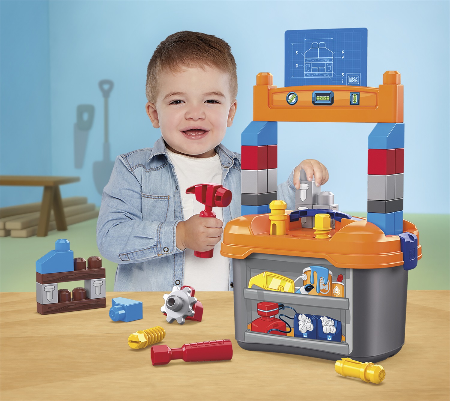 Mega Bloks Lil' Building Workbench - Banco da Lavoro con 36 Pezzi per Bambini 2 anni , Include Blocchi, Martello e Cacciavite