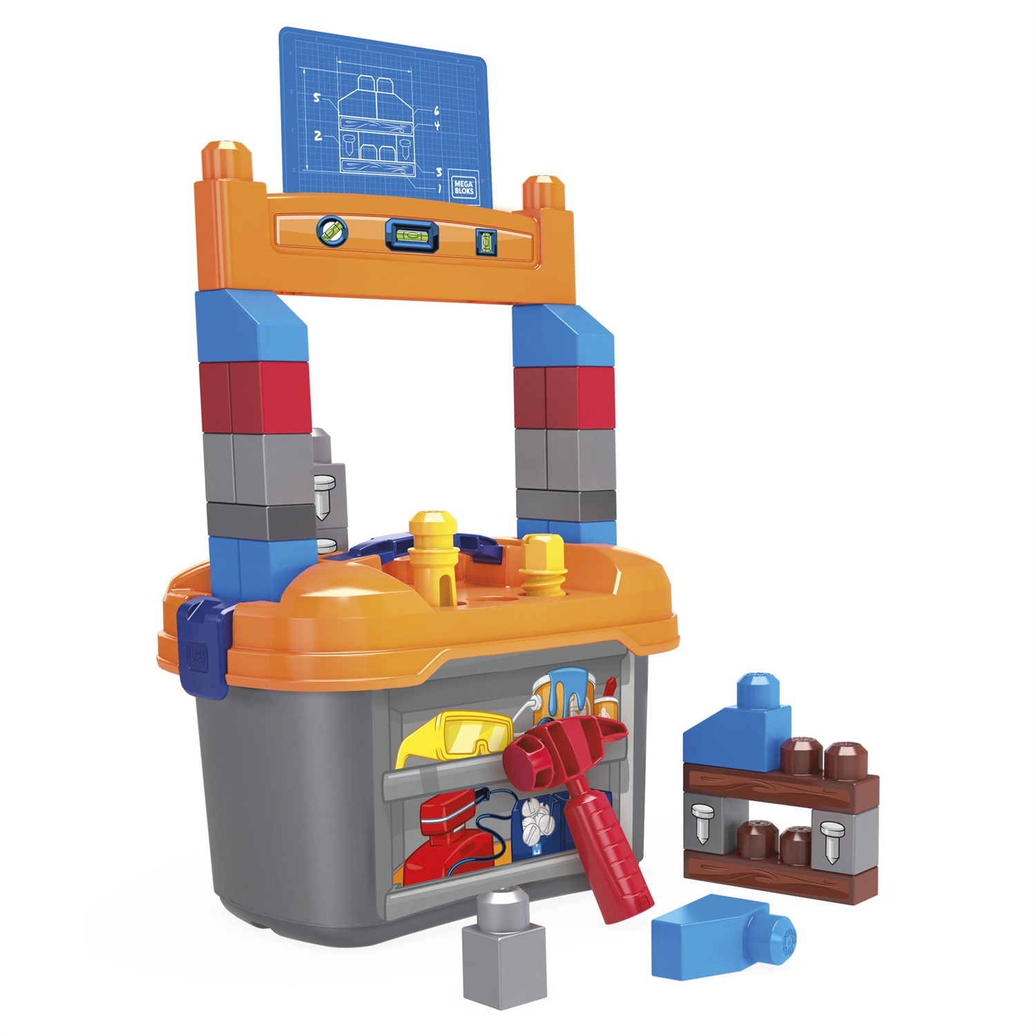 Mega Bloks Lil' Building Workbench - Banco da Lavoro con 36 Pezzi per Bambini 2 anni , Include Blocchi, Martello e Cacciavite