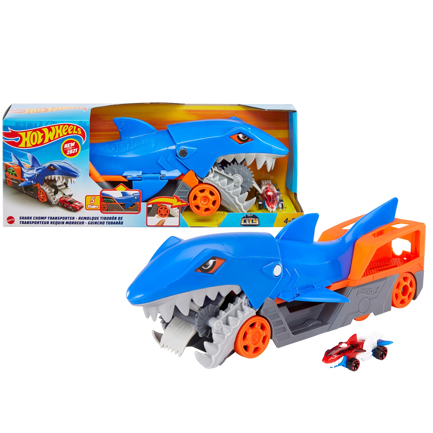 Mattel Hot Wheels Playset Trasportatore Squalo Divoratore con Macchinina - Giocattolo per Bambini 4 Anni, GVG36