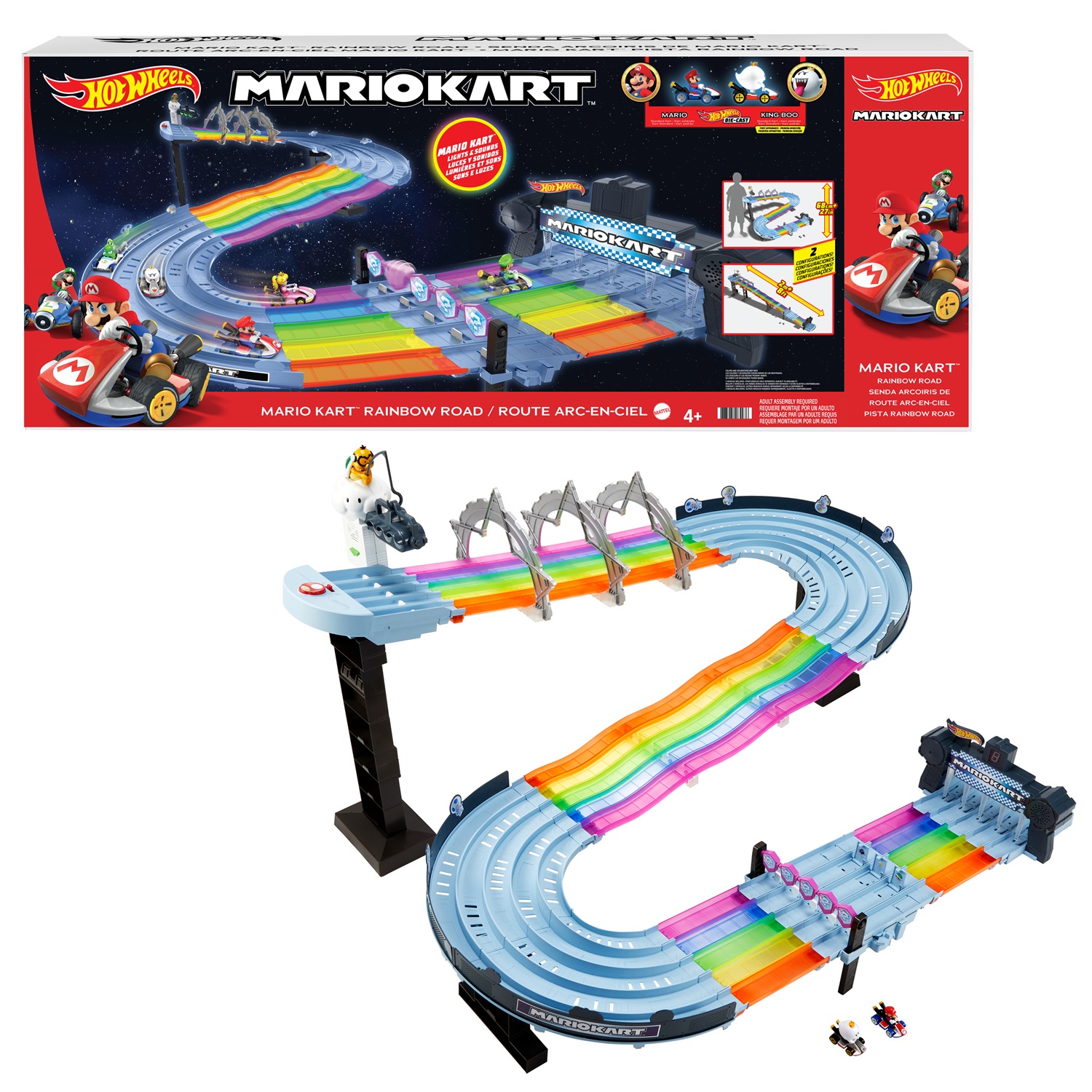 Hot Wheels Mario Kart - Pista Arcobaleno, playset con luci e suoni, 2 veicoli in scala 1:64 e 5 pezzi di pista, oltre 2 metri di divertimento per bambini 4 anni