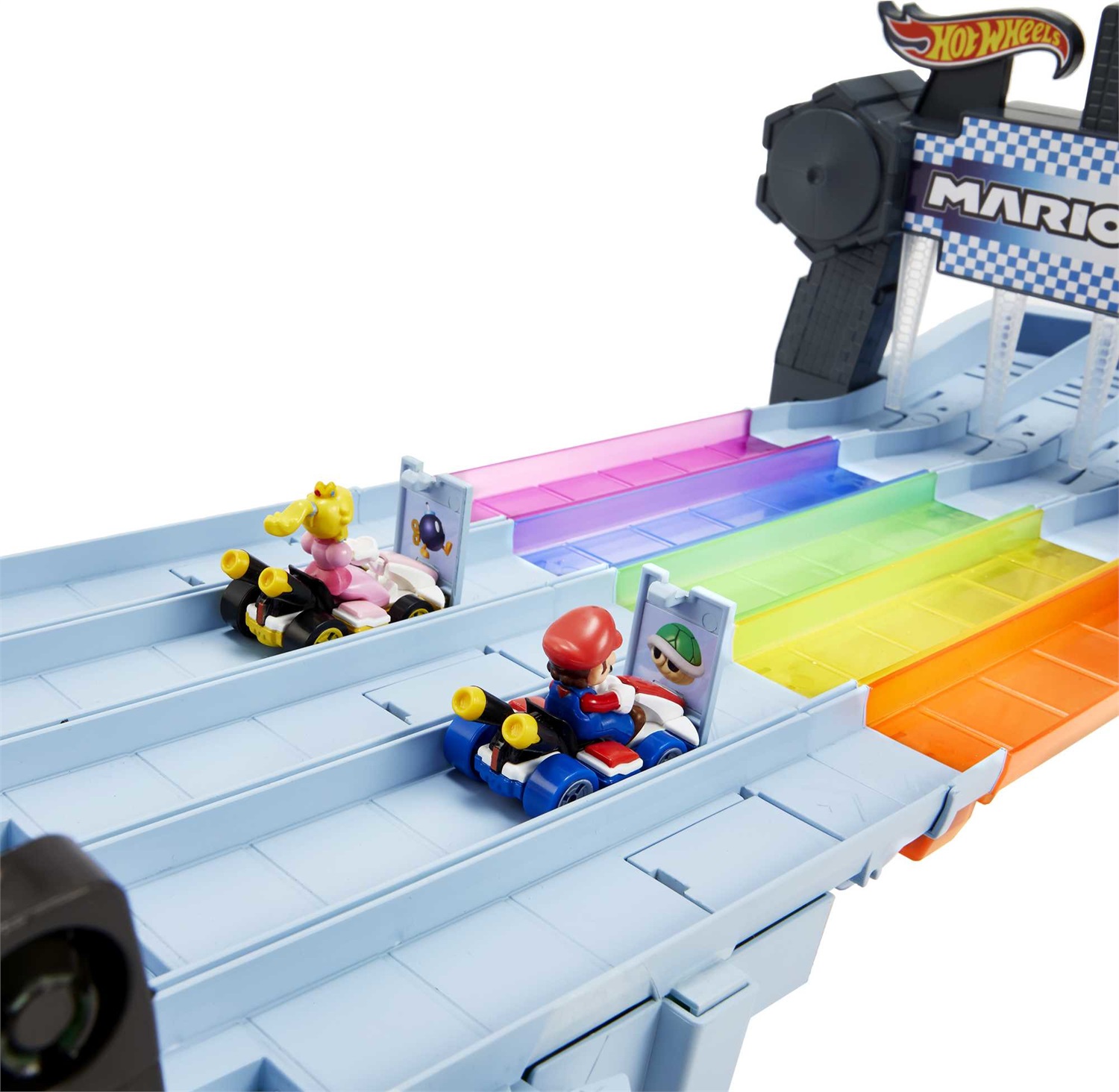 Hot Wheels Mario Kart - Pista Arcobaleno, playset con luci e suoni, 2 veicoli in scala 1:64 e 5 pezzi di pista, oltre 2 metri di divertimento per bambini 4 anni
