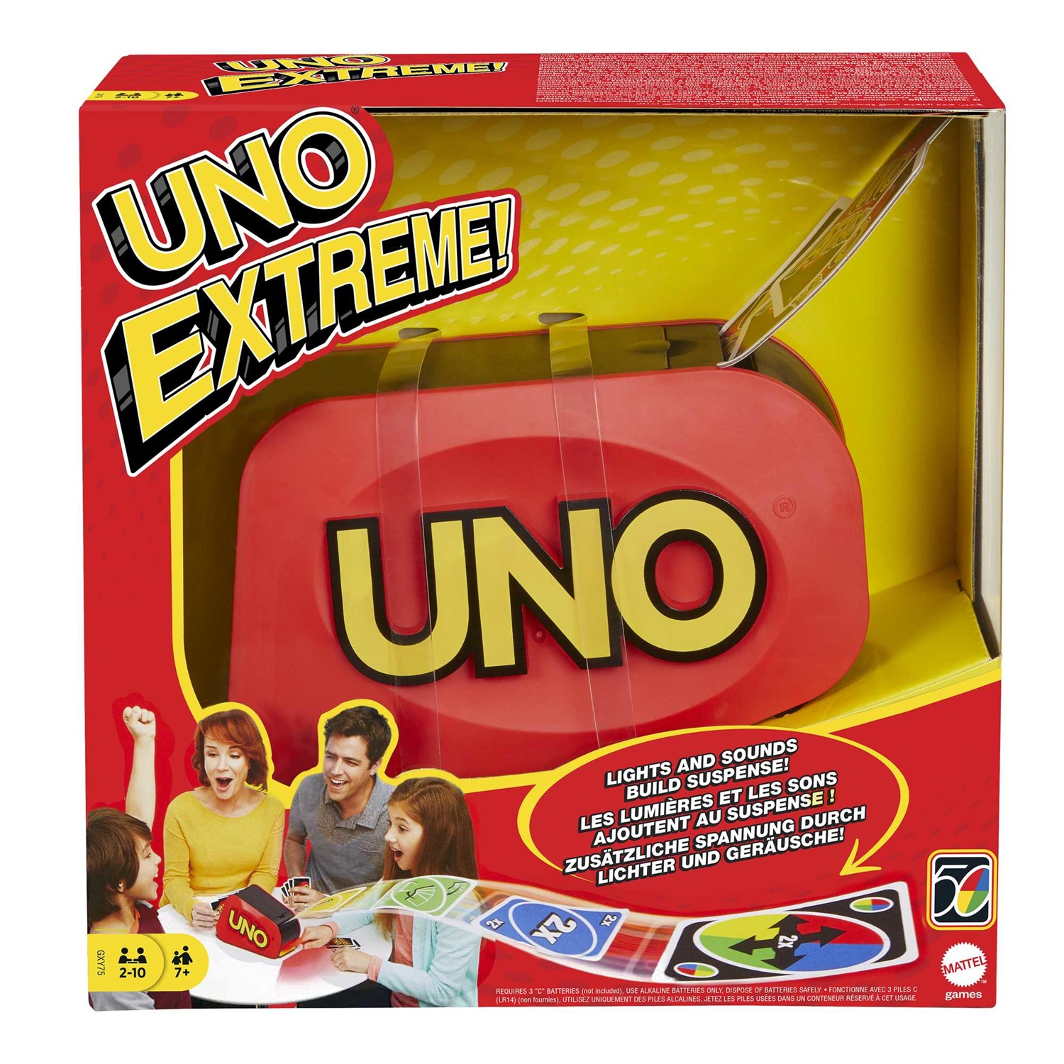 Mattel Games UNO Extreme - Gioco di Carte con Spara, Luci e Suoni Divertenti, 112 Carte, Carta Colpo Extreme, Regalo per Bambini 7 Anni e Adulti