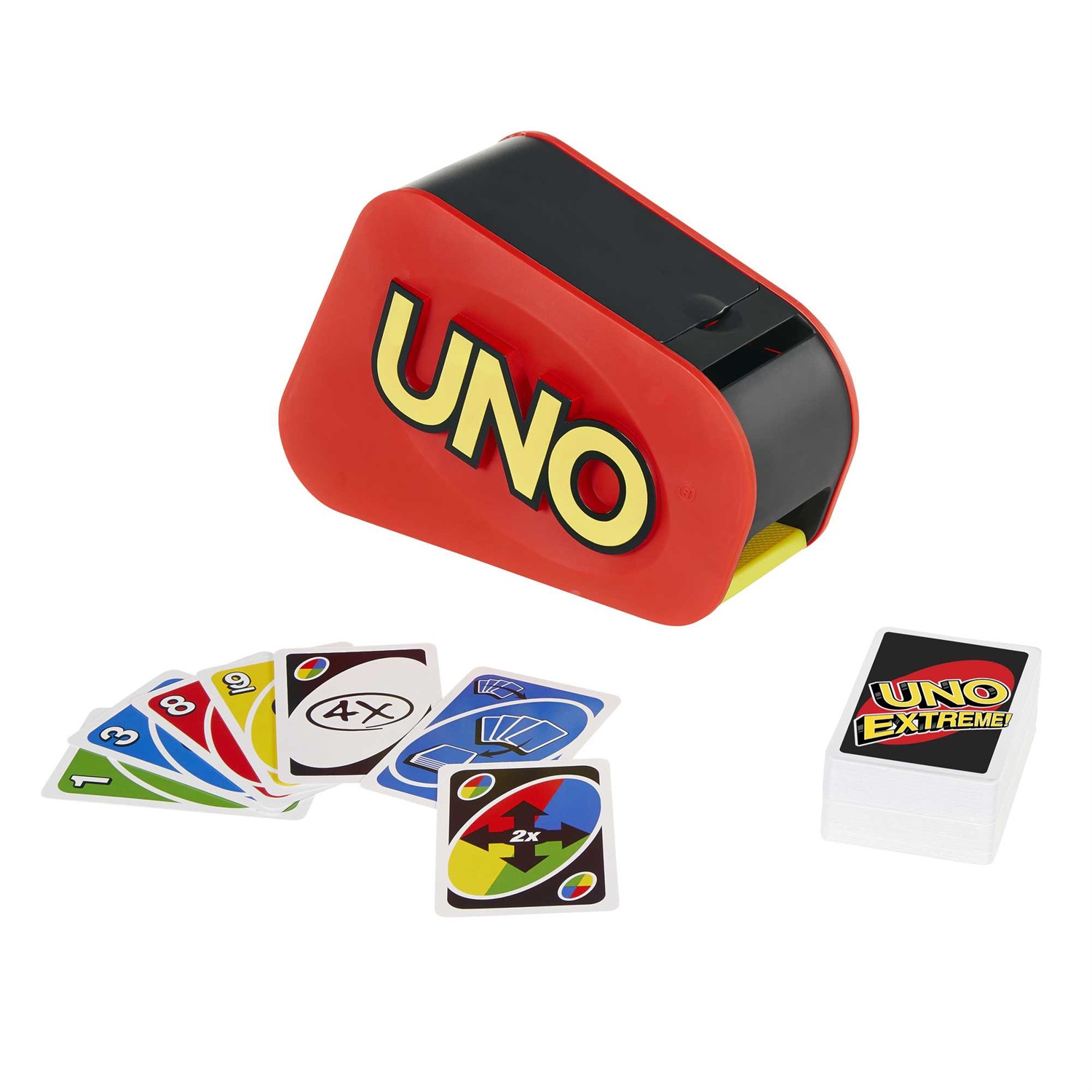 Mattel Games UNO Extreme - Gioco di Carte con Spara, Luci e Suoni Divertenti, 112 Carte, Carta Colpo Extreme, Regalo per Bambini 7 Anni e Adulti
