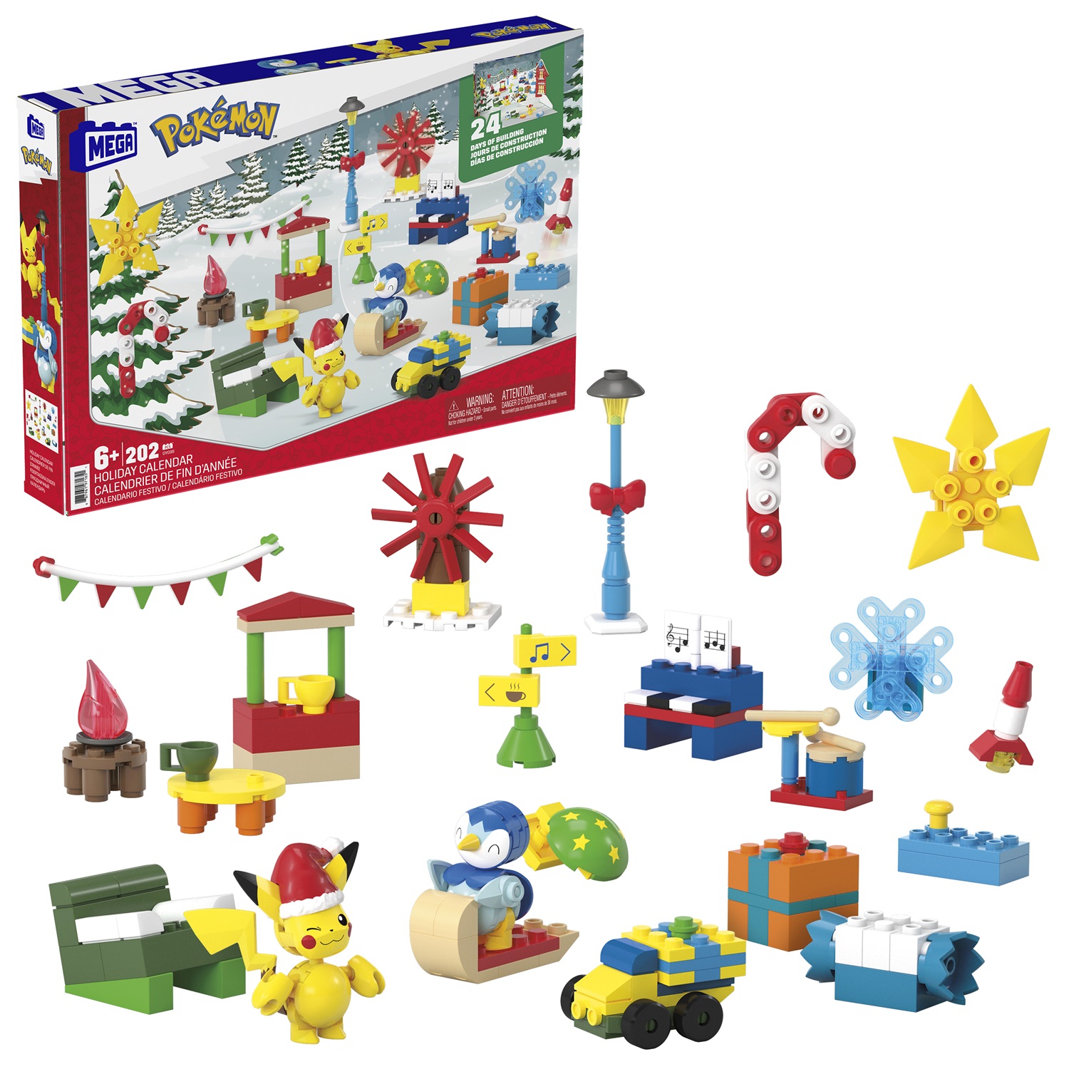 MEGA Calendario dell'Avvento Pokémon GYG99 - 24 sorprese, include 2 action figure da costruire: Pikachu e Piplup, per bambini 6 anni