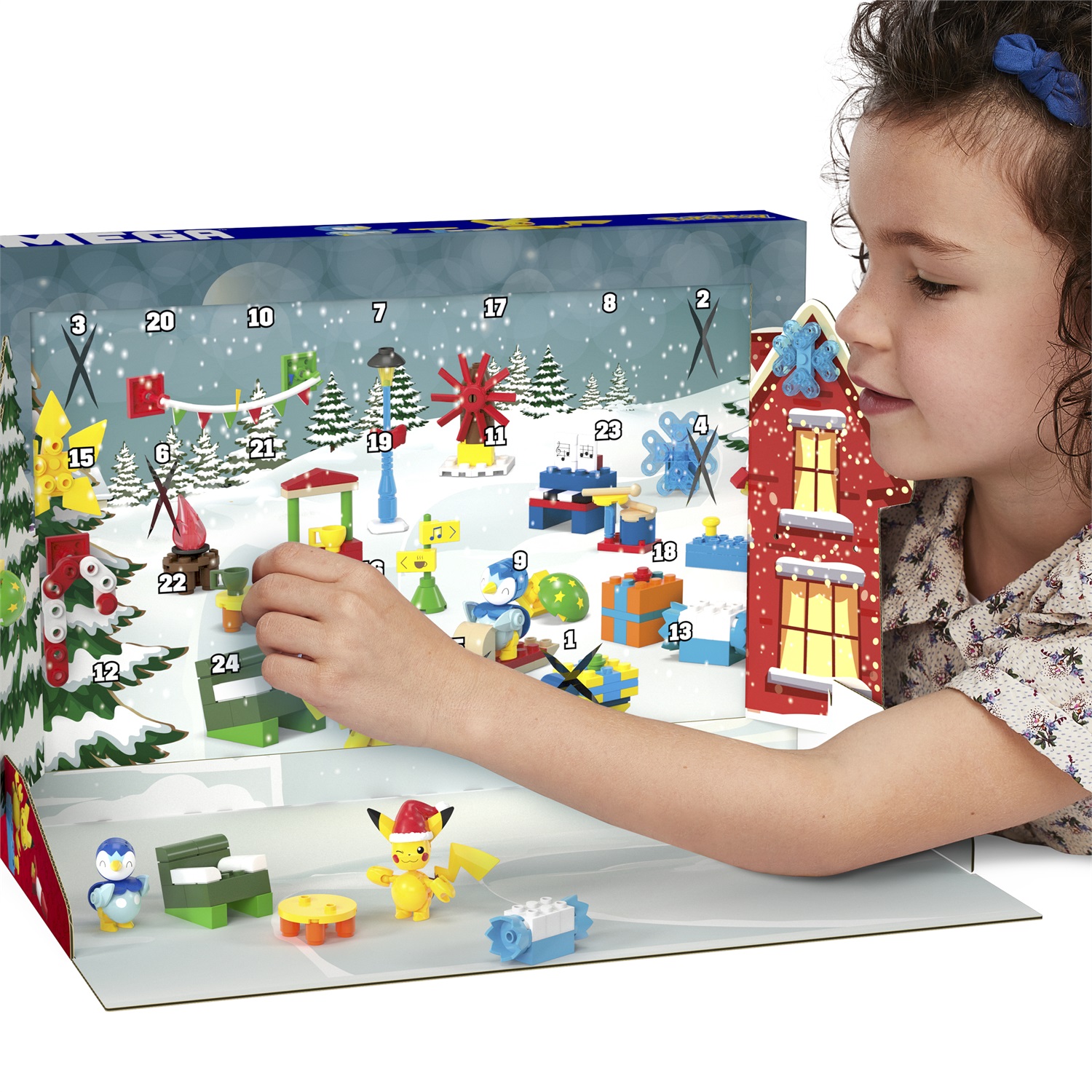 MEGA Calendario dell'Avvento Pokémon GYG99 - 24 sorprese, include 2 action figure da costruire: Pikachu e Piplup, per bambini 6 anni