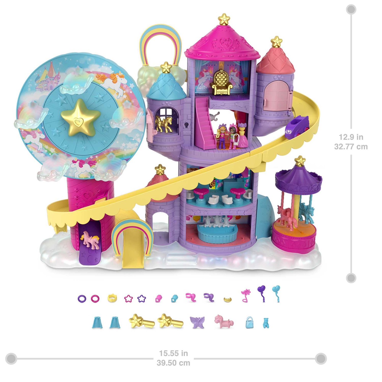Polly Pocket GYK44 - Playset Lunapark dell'Arcobaleno con 3 Giostre, 7 Aree di Gioco, 2 Micro Bambole Polly e Shani, 2 Unicorni e 25 Sorprese, Giocattolo per Bambini 4 Anni