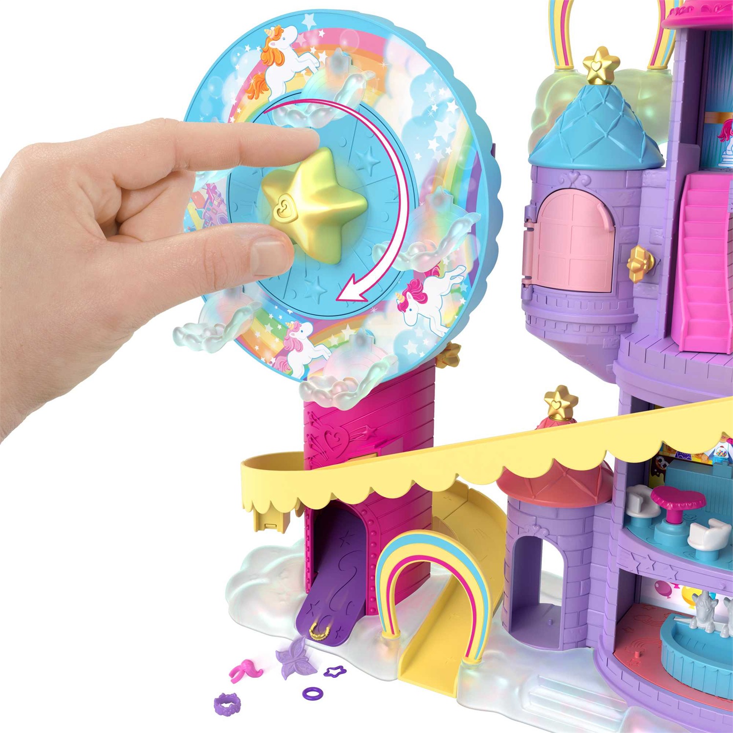 Polly Pocket GYK44 - Playset Lunapark dell'Arcobaleno con 3 Giostre, 7 Aree di Gioco, 2 Micro Bambole Polly e Shani, 2 Unicorni e 25 Sorprese, Giocattolo per Bambini 4 Anni