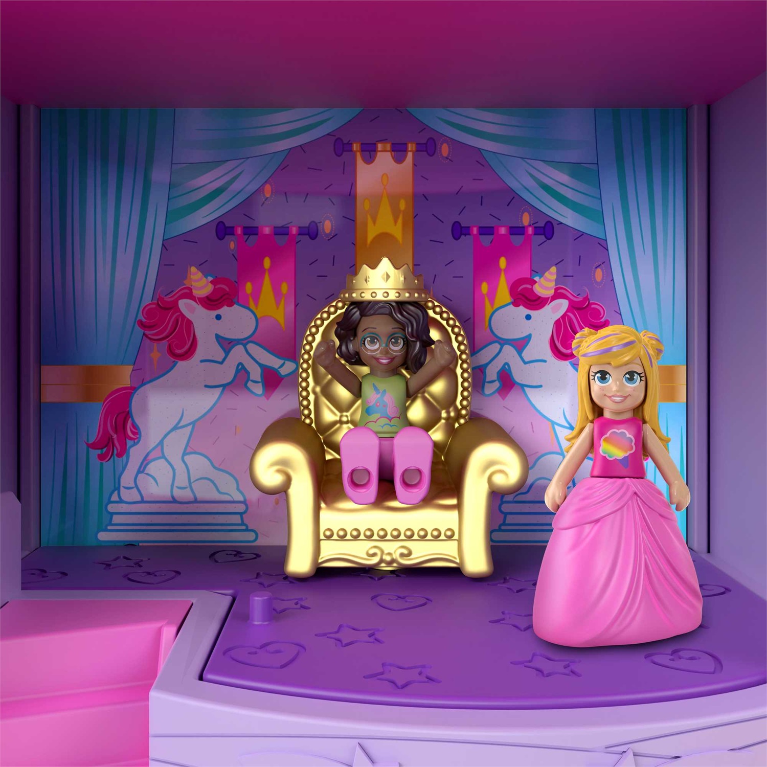 Polly Pocket GYK44 - Playset Lunapark dell'Arcobaleno con 3 Giostre, 7 Aree di Gioco, 2 Micro Bambole Polly e Shani, 2 Unicorni e 25 Sorprese, Giocattolo per Bambini 4 Anni