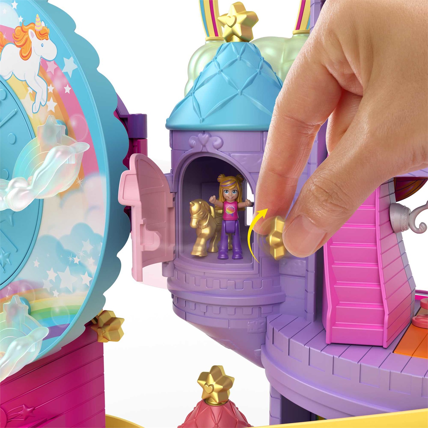 Polly Pocket GYK44 - Playset Lunapark dell'Arcobaleno con 3 Giostre, 7 Aree di Gioco, 2 Micro Bambole Polly e Shani, 2 Unicorni e 25 Sorprese, Giocattolo per Bambini 4 Anni