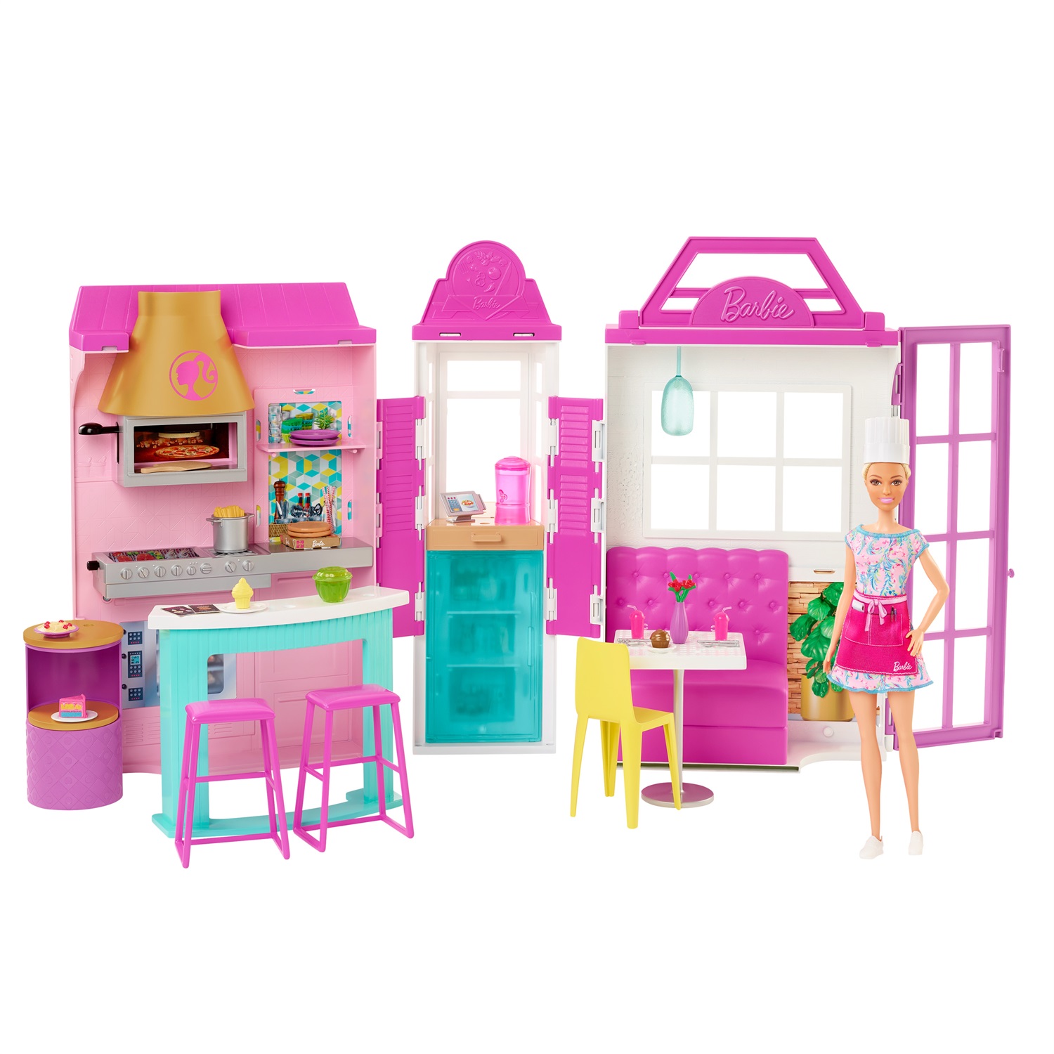 Barbie HBB91 Playset Ristorante con Bambola, Cappello Chef, Grembiule e Oltre 30 Accessori da Cucina, Giocattolo per Bambini 3 Anni