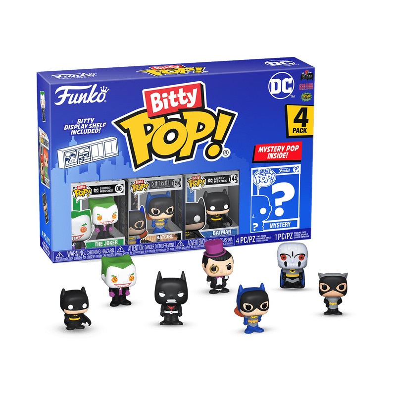 Funko Bitty Pop! DC Comics 4-Pack - Batman, Batgirl, The Joker con Mini Figura Misteriosa - 0.9 Inch (2.2 Cm) - Ripiano Espositivo Incluso