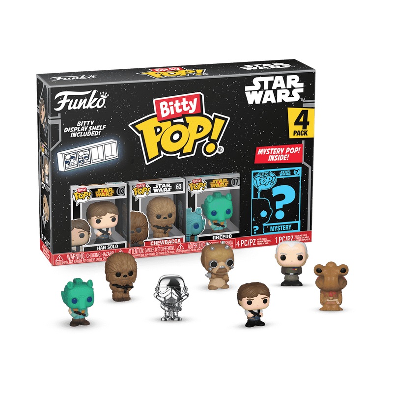 Funko Bitty Pop! Star Wars - Han Solo, Chewbacca, Greedo e Mini Figura Misteriosa - 0.9 Inch (2.2 Cm) - Ripiano Espositivo Incluso