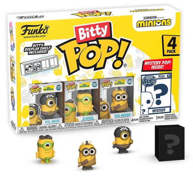Funko Bitty Pop! Minions - 4PK con Eye, Matie, Cro-Minion, Au Naturel e Mini Figura Misteriosa - 0.9 Inch (2.2 Cm) - Da Collezione, Idea Regalo e Cake Topper