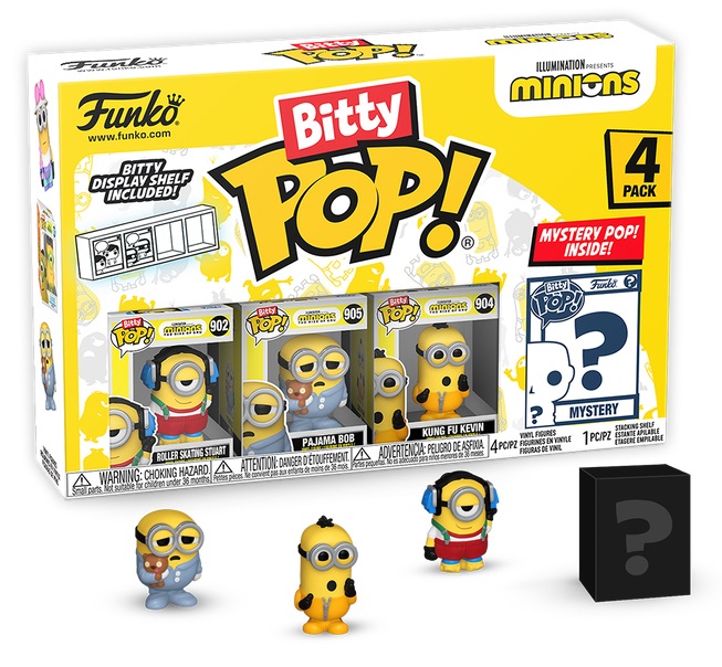 Funko Bitty Pop! Minions - Roller Skating Stuart 4PK con Pajama Bob, Kung Fu Kevin e Mini Figura Misteriosa - 0.9 Inch (2.2 Cm) - Collezione Minions 2