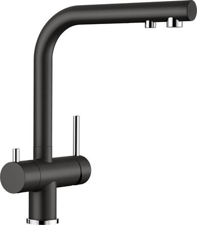 Blanco Fontas II - Miscelatore Cucina a Tre Vie - Nero - Canna Girevole 360° - Comandi Separati per Acqua Filtrata e Rete Idrica