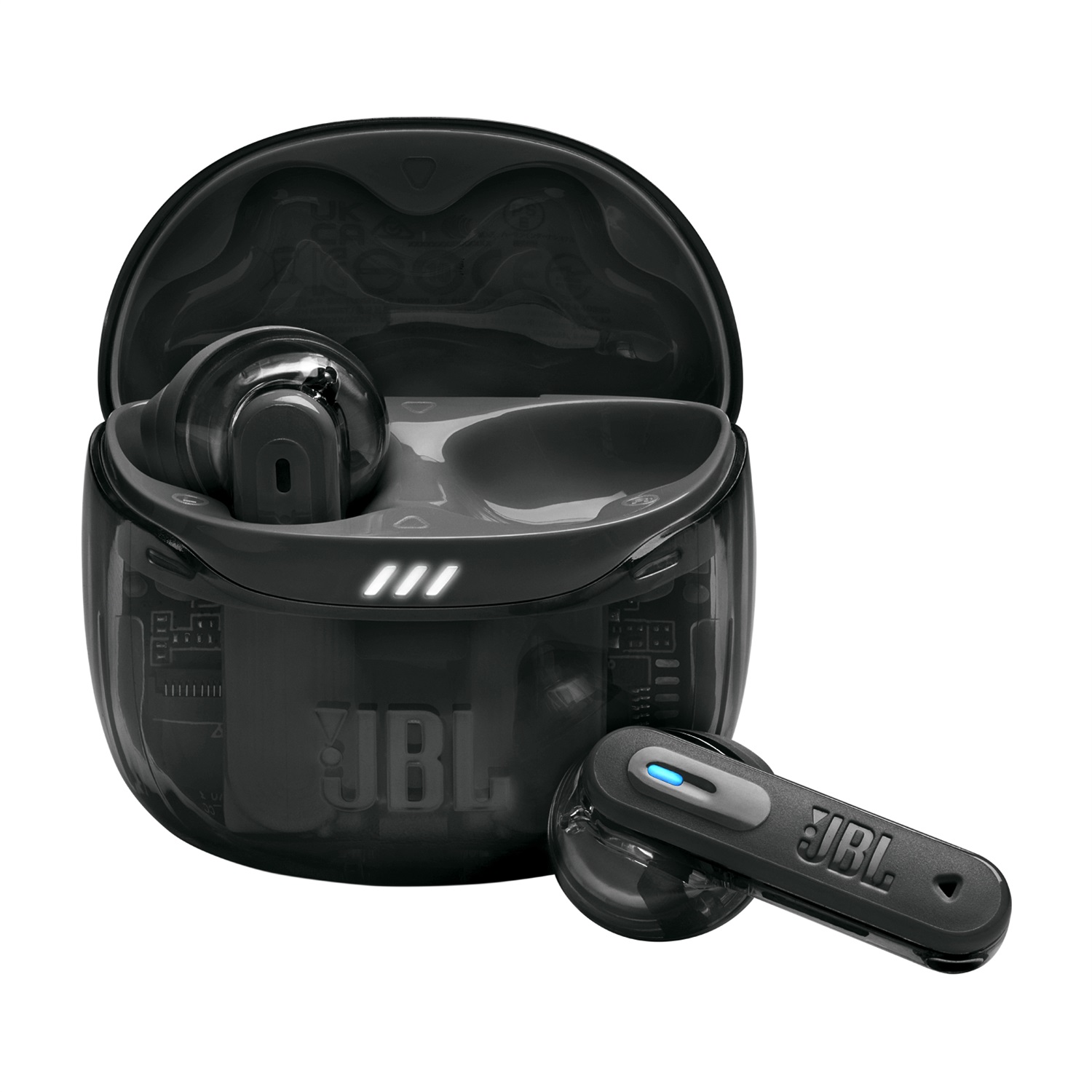 JBL Tune Flex 2 Ghost Edition Auricolari True Wireless Stereo (TWS) con Cancellazione del Rumore, 48 Ore di Autonomia, Resistenti ad Acqua e Polvere IP54, Design Aperto a Stick, Nero e Trasparente
