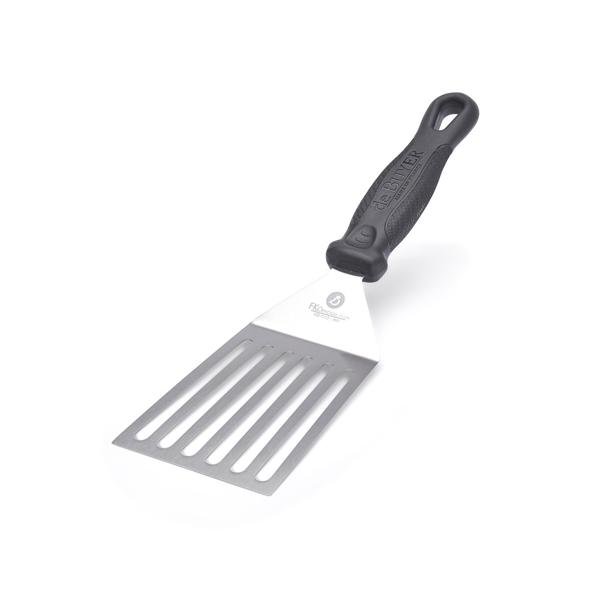 de Buyer 4232.01 FKOfficium - Paletta a Gomito Traforata e Smussata in Acciaio Inox con Manico Nero, 12 cm