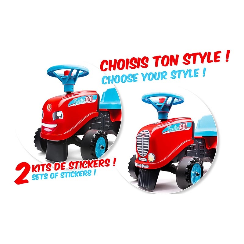 Falk Trattore Cavalcabile 200B Azzurro con Rimorchio - Personalizzabile, per Bambini a Partire da 12 Mesi, 100% Made in France